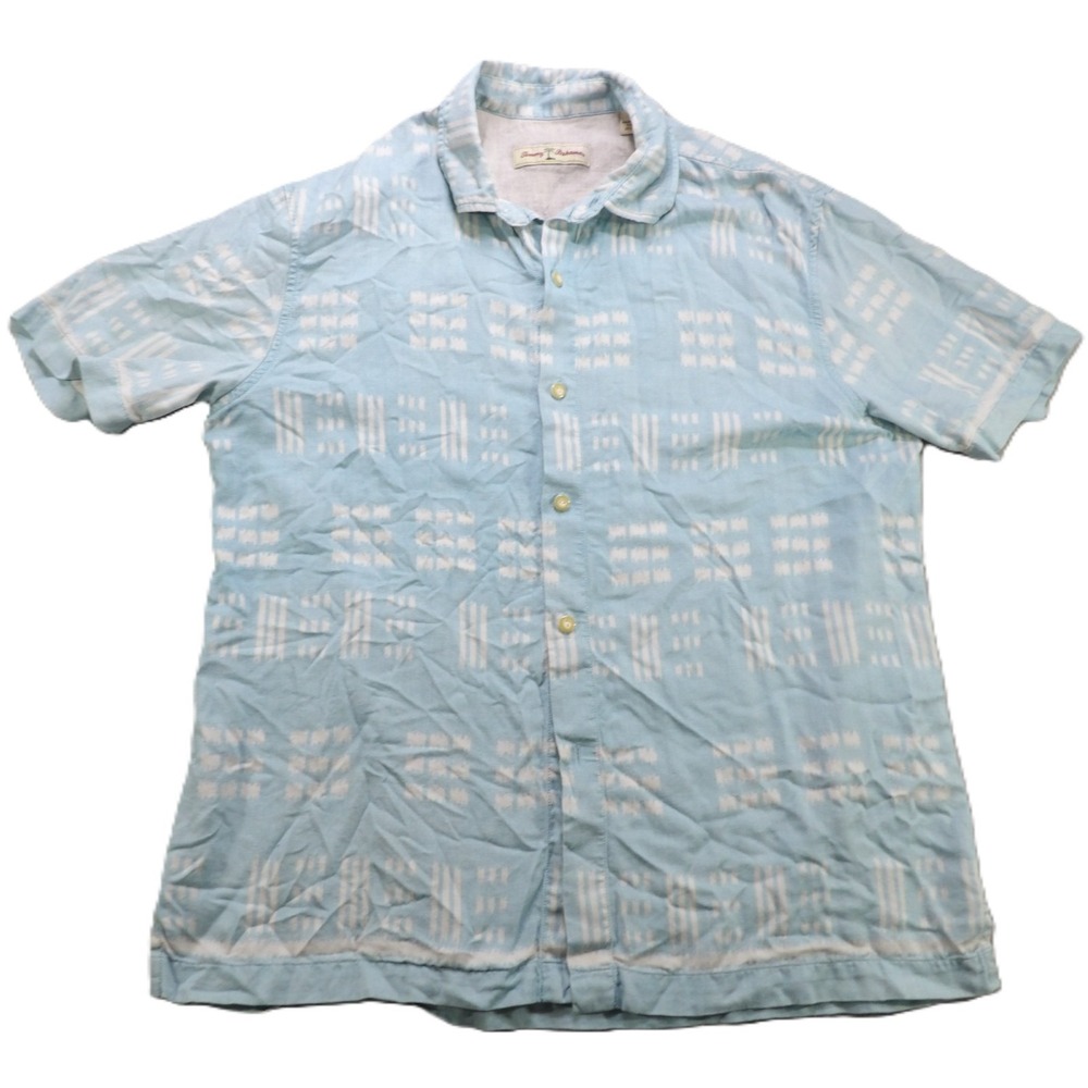 Tommy‎ Bahama Camp Shirt Short Sleeves Silk Rayon Men Large Light Blue Geometric
